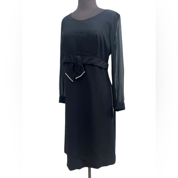 Vtg Ladylike Sheer Sleeved Pearl Bow Modest Knee Length Dress 14 Deadstock NWT - Picture 3 of 10